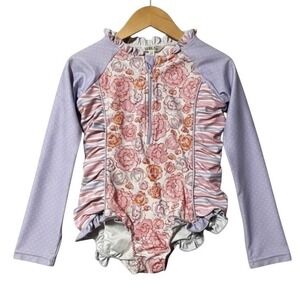 Matilda Jane Floral Ruffle Long Sleeve Rash Guard Swimsuit 12Y